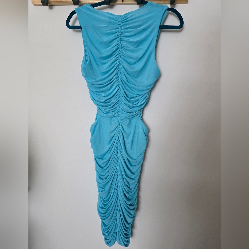 Royalty by Maluma Women's Ruched Mini Dress Turquoise Side Cuts Size Small - Picture 5 of 7
